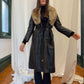 Vintage Black Leather Trench with Fur Collar