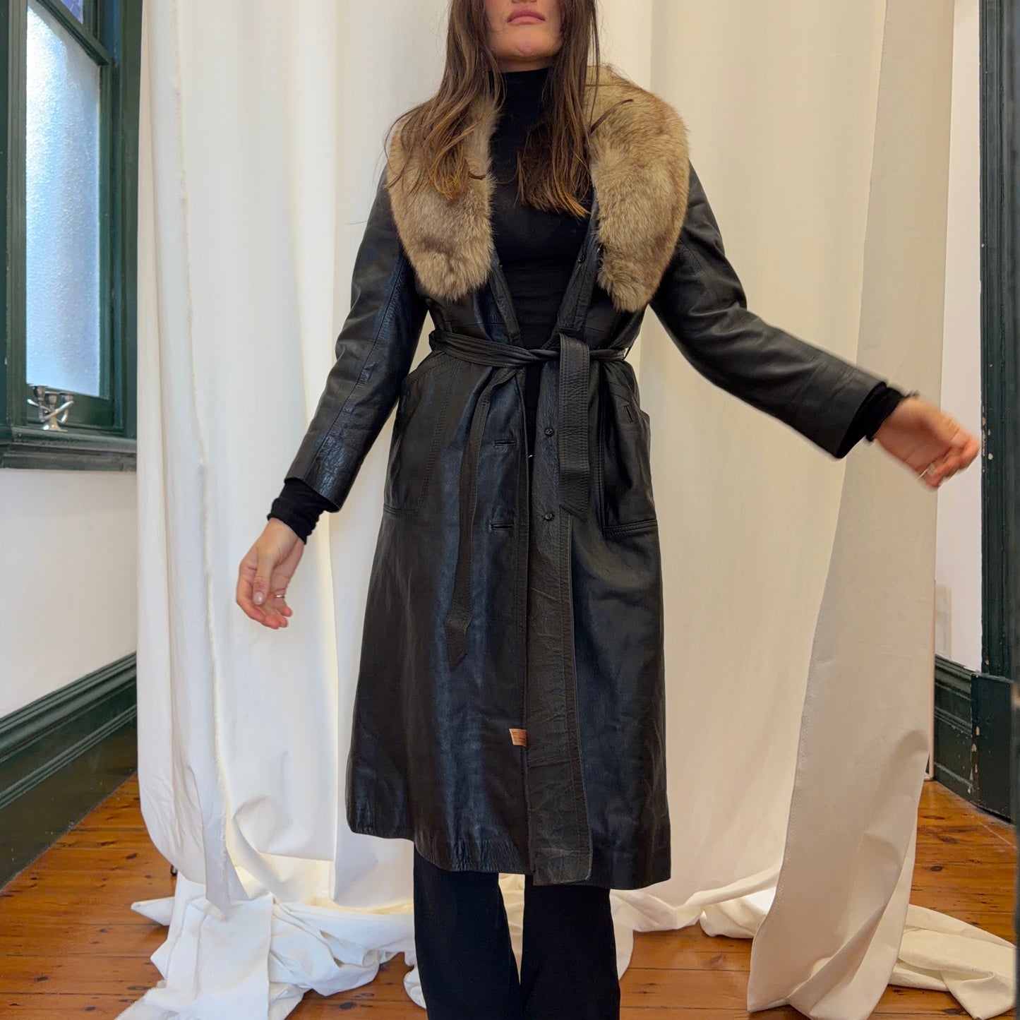 Vintage Black Leather Trench with Fur Collar