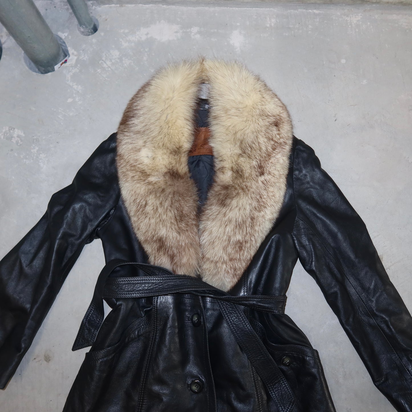 Vintage Black Leather Trench with Fur Collar