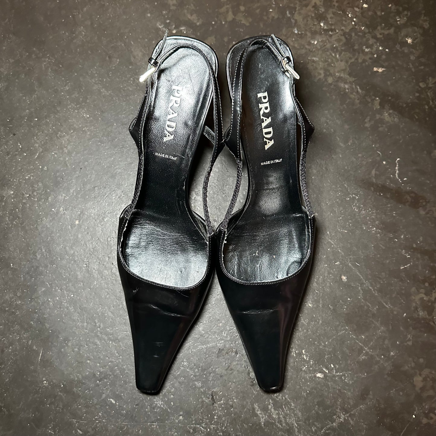 Prada Black Leather Sling-Backs with Plaque Detail (39.5)