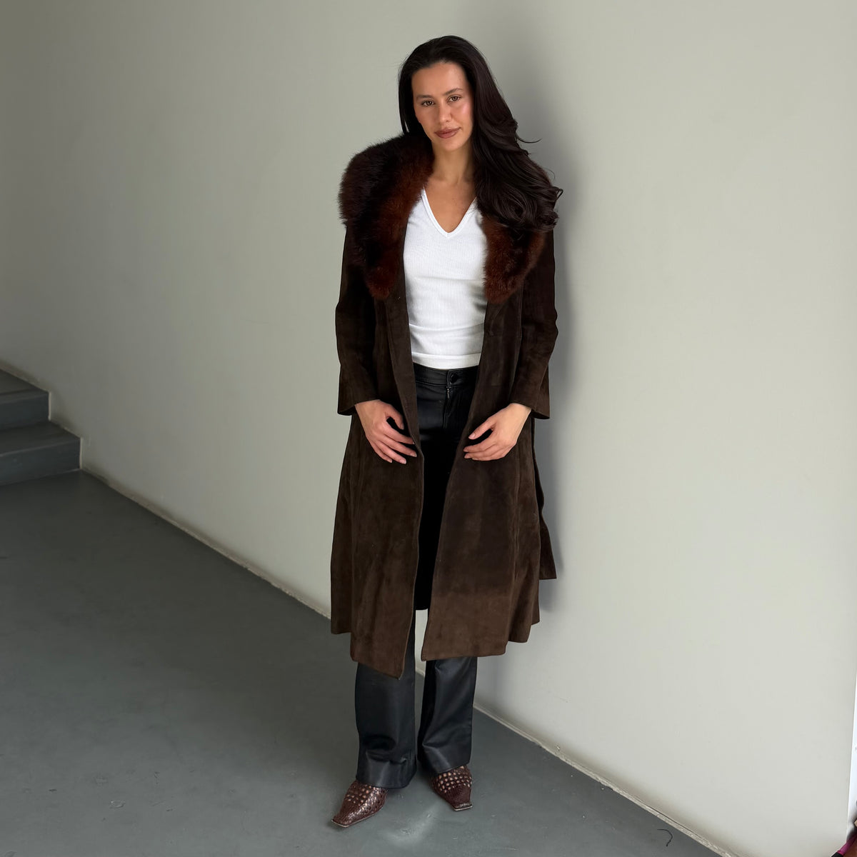 Vintage Suede Fur Trim Trench