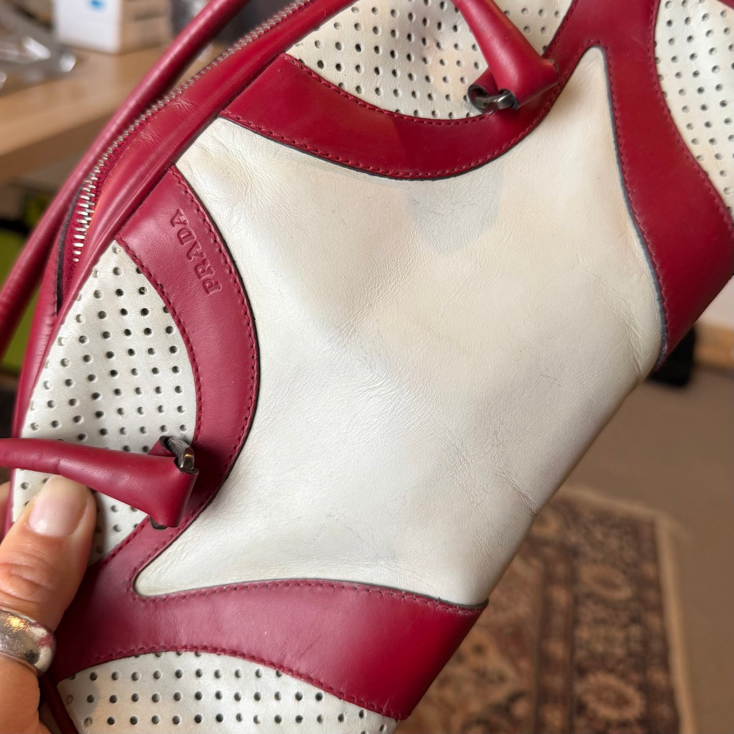 Prada Red and White Bowling Bag