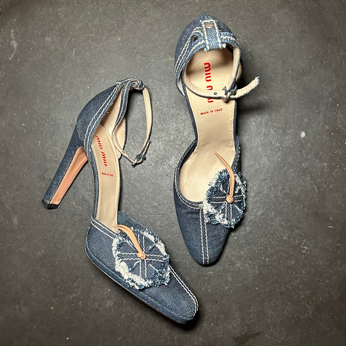 Miu Miu Rare Denim Heels with Floral Appliqué (40)