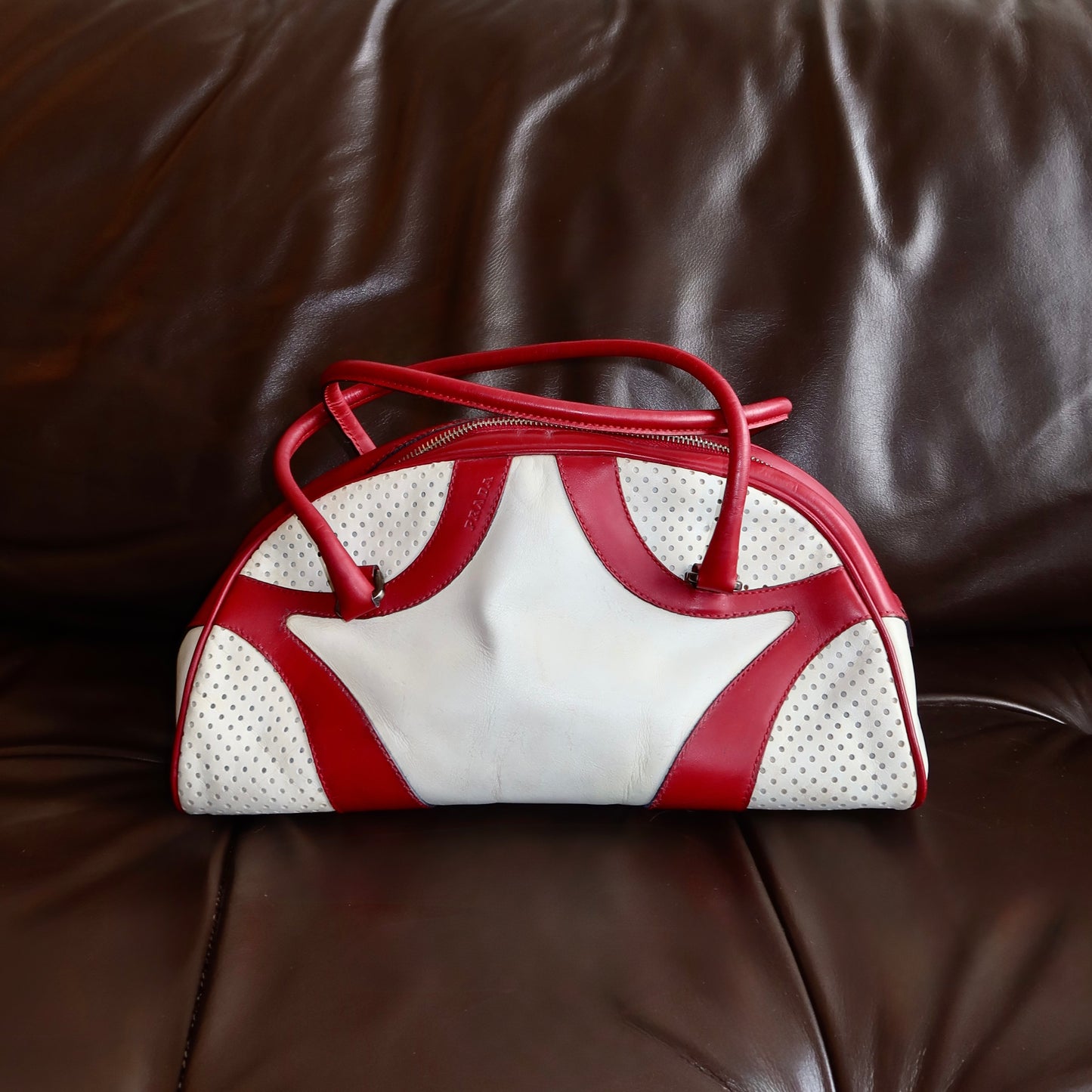Prada Red and White Bowling Bag