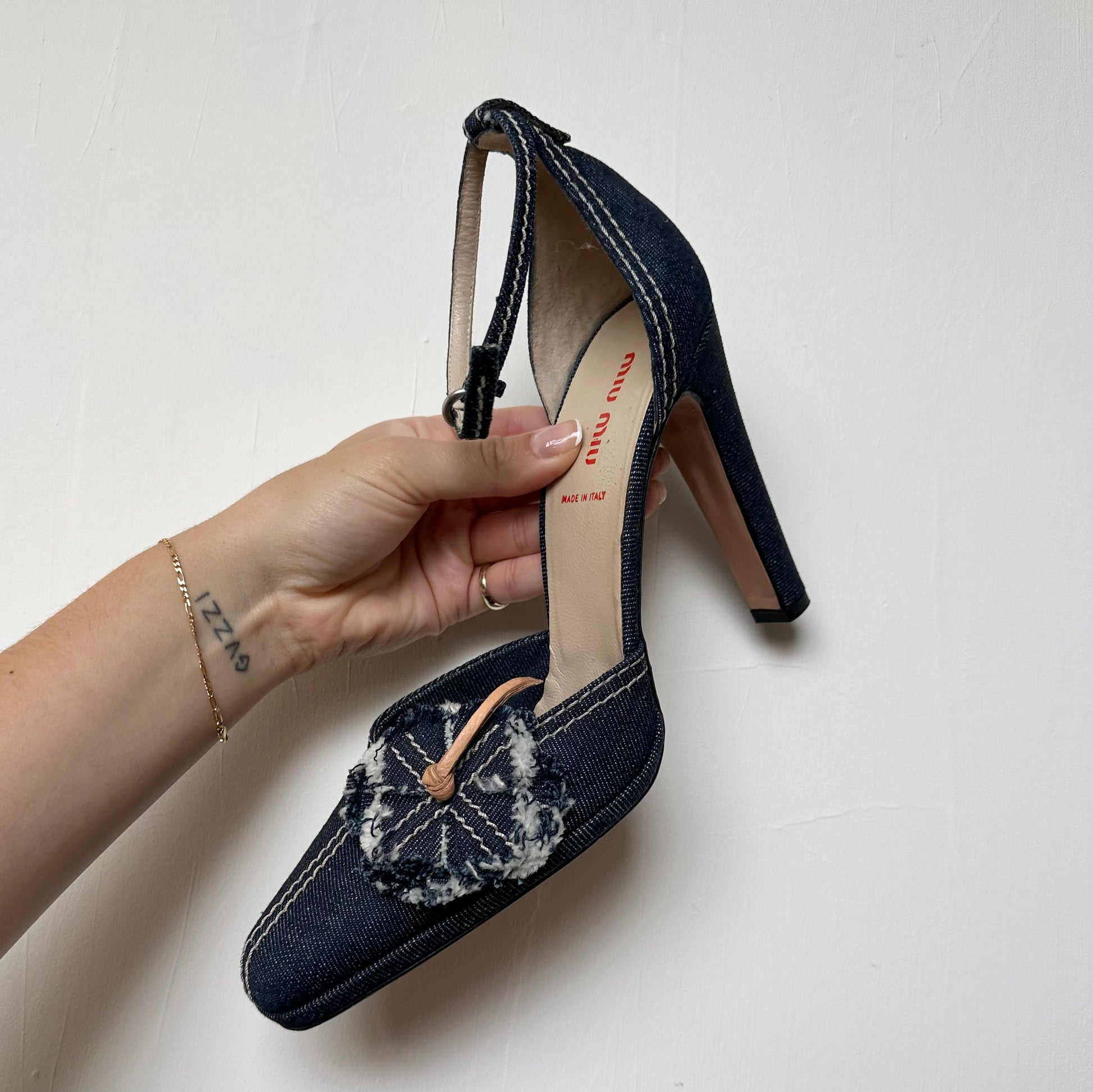 Miu Miu Rare Denim Heels with Floral Appliqué (40) – Guzzi Archive Miu Miu Rare Denim Heels with Floral Appliqué (40) – Guzzi Archive