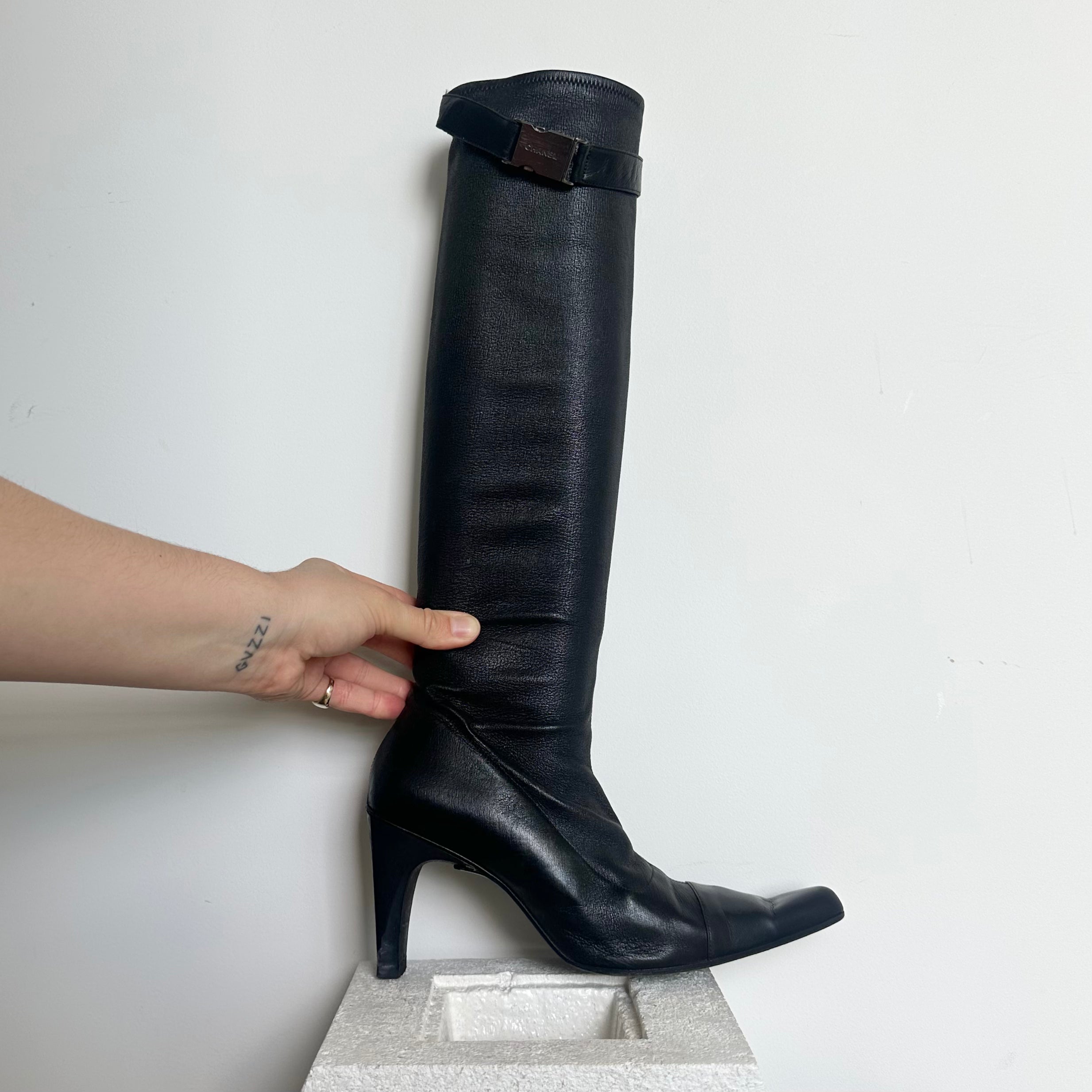 Chanel Leather Knee High Boots with Buckle Detail (38-39)