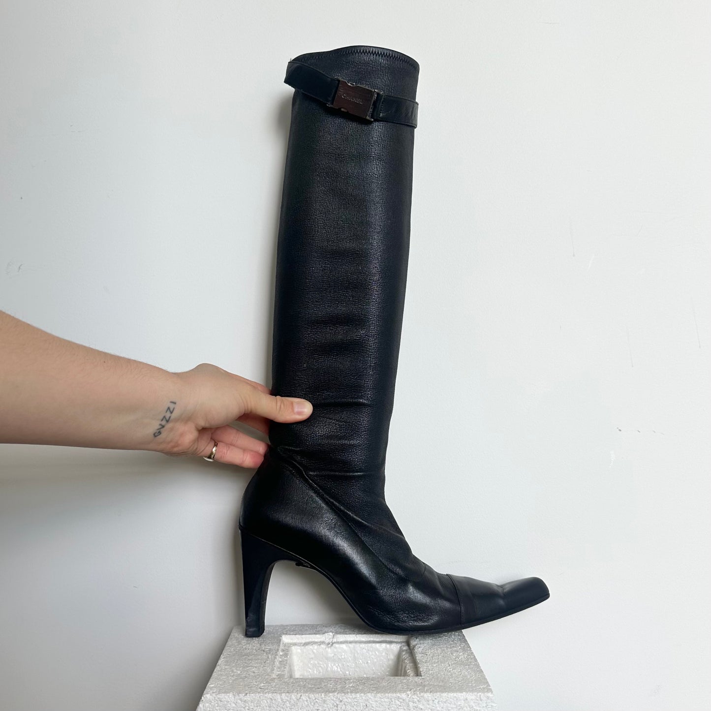 Chanel black on sale knee high boots