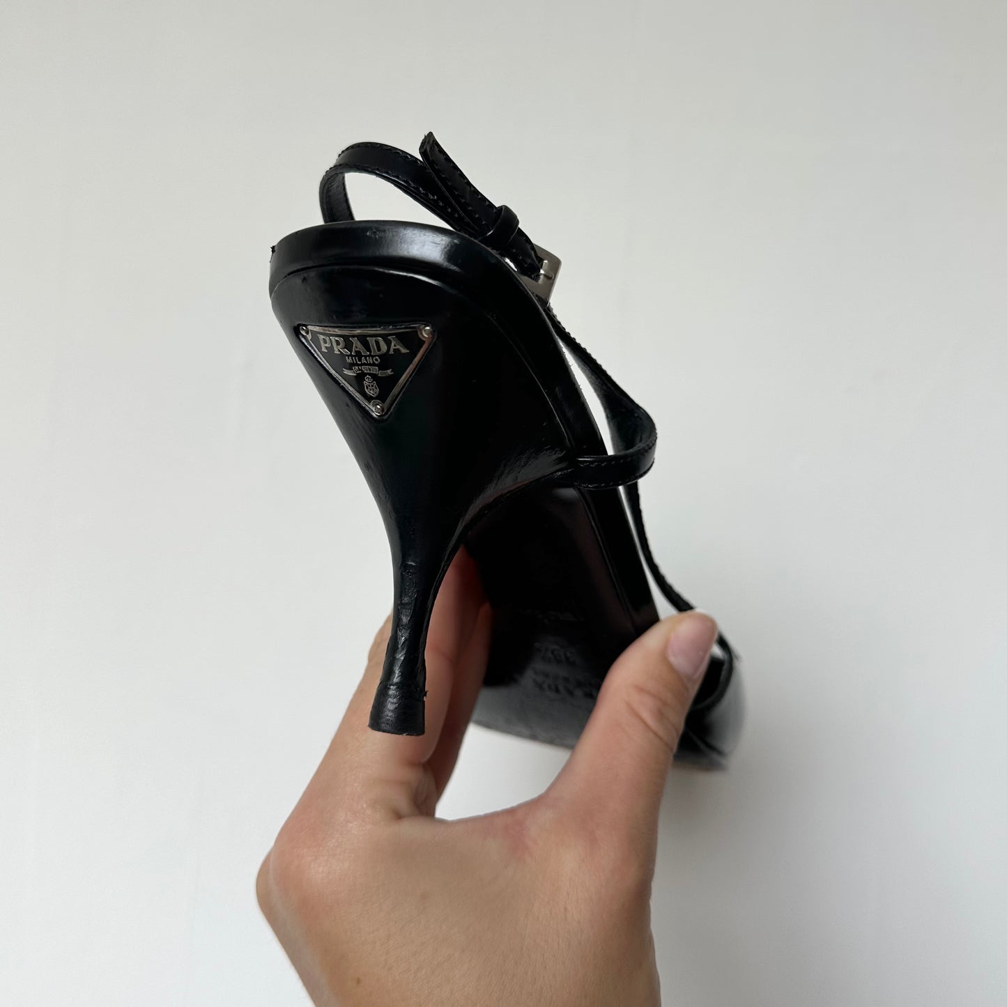 Prada Black Leather Sling-Backs with Plaque Detail (39.5)